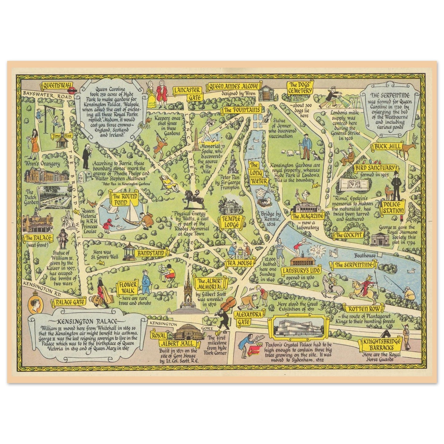 Kensington Gardens and Hyde Park landscape map shown as a fine-art poster