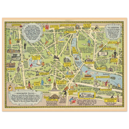 Kensington Gardens and Hyde Park landscape map shown as a fine-art poster