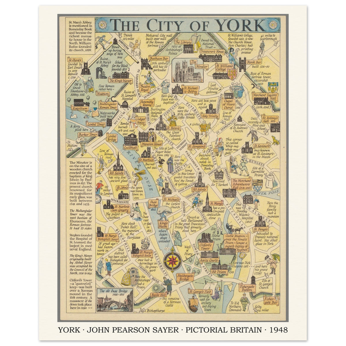 Vintage York pictorial map print by John Pearson Sayer, 1948 – 40 × 50 cm