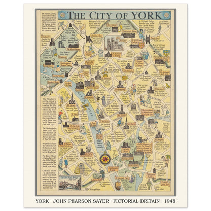 Vintage York pictorial map print by John Pearson Sayer, 1948 – 40 × 50 cm