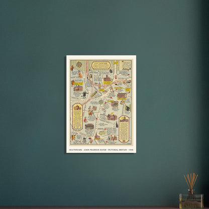 Vintage Southwark map print displayed on a dark green wall above a reed diffuser