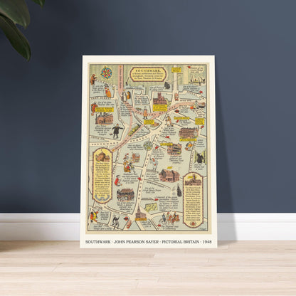 Vintage Southwark pictorial map print leaning against a deep blue wall