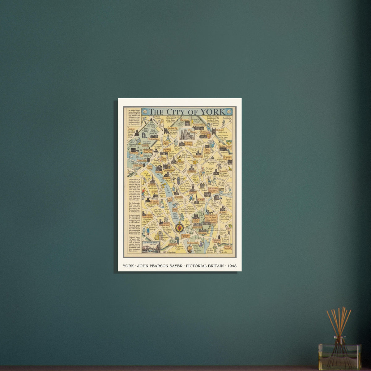 Vintage York pictorial map wall art displayed on a dark green wall