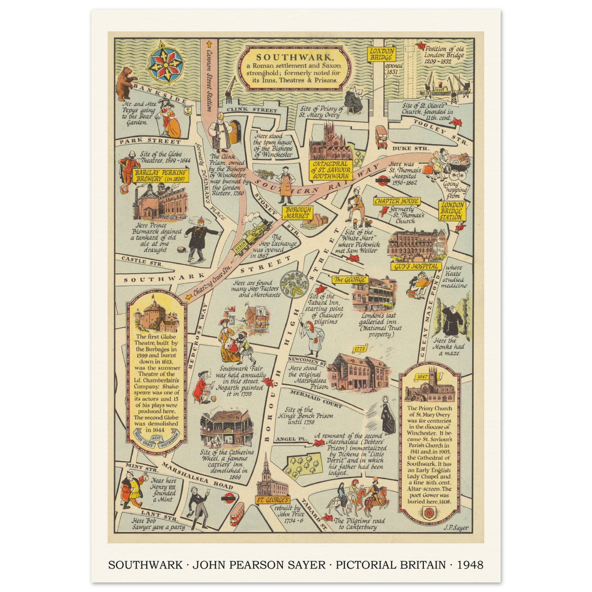 Vintage Southwark pictorial map print by John Pearson Sayer, 1948 – 21 × 29.7 cm