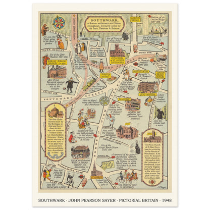 Vintage Southwark pictorial map print by John Pearson Sayer, 1948 – 21 × 29.7 cm