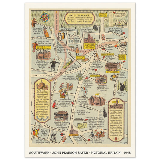 Vintage Southwark pictorial map print by John Pearson Sayer, 1948 – 21 × 29.7 cm