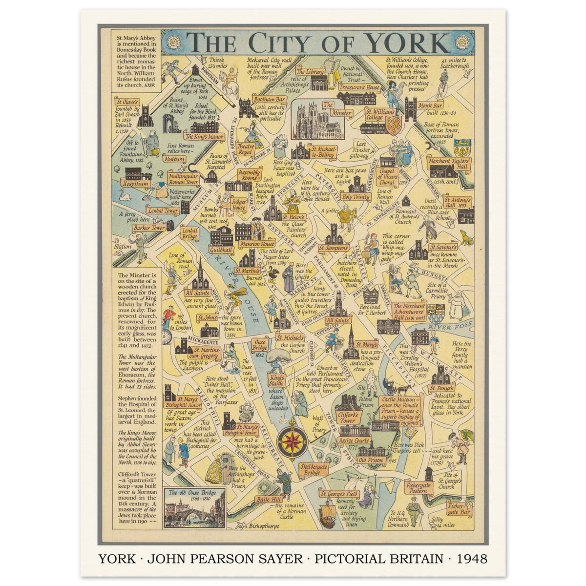 Vintage York pictorial map print by John Pearson Sayer, 1948 – 30 × 40 cm