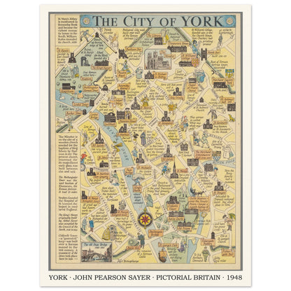Vintage York pictorial map print by John Pearson Sayer, 1948 – 30 × 40 cm