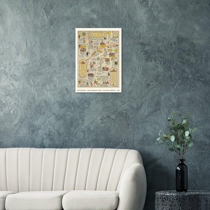 Southwark pictorial map wall art displayed above a cream sofa on a textured blue wall