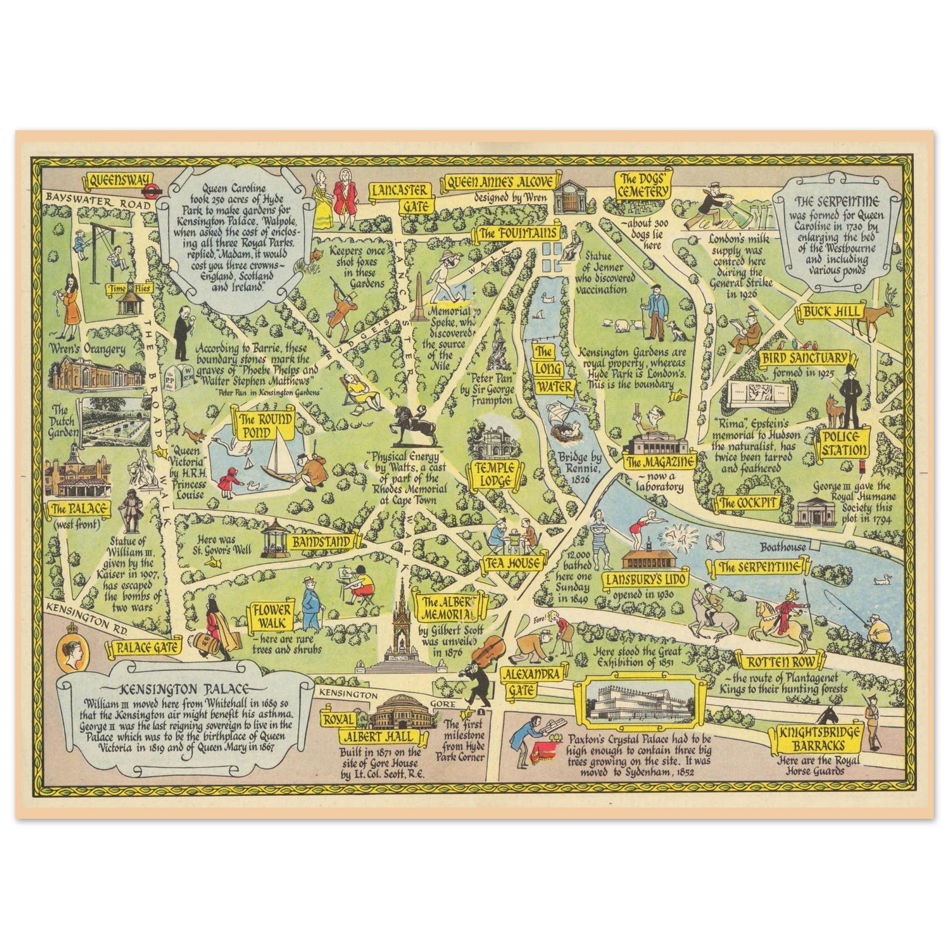 Vintage Kensington Gardens and Hyde Park pictorial map print by John Pearson Sayer