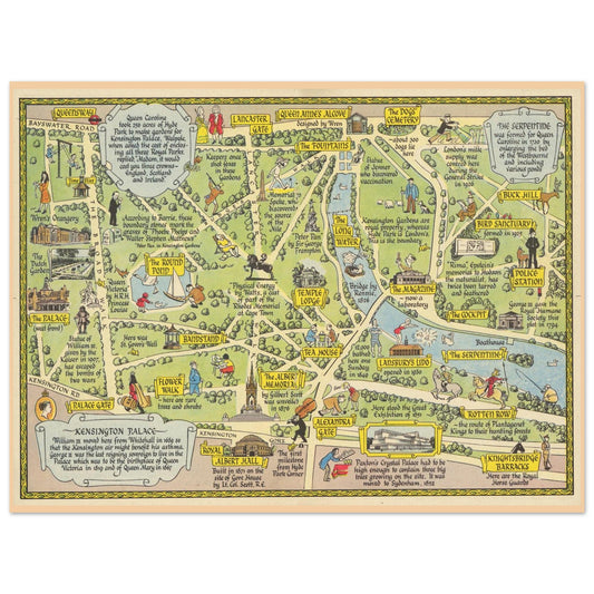 Vintage Kensington Gardens and Hyde Park pictorial map print by John Pearson Sayer