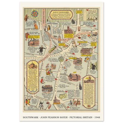 Vintage Southwark pictorial map print by John Pearson Sayer, 1948 – 40 × 50 cm