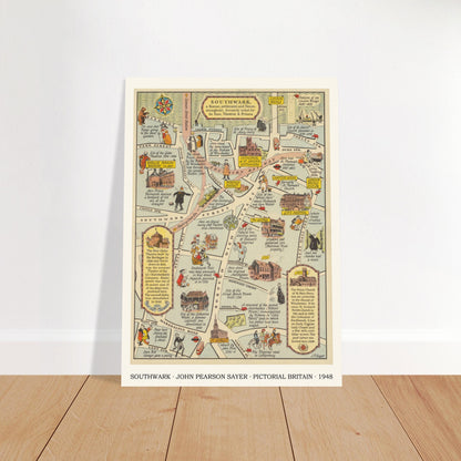 John Pearson Sayer Southwark map print leaning against a white wall on a wooden floor
