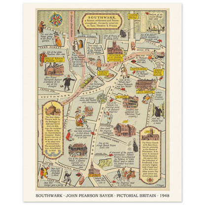 Vintage Southwark pictorial map print by John Pearson Sayer, 1948 – 30 × 40 cm