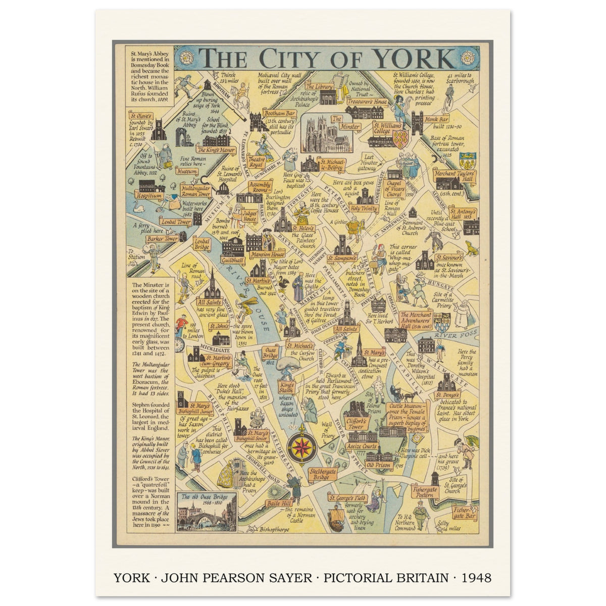 Vintage York pictorial map print by John Pearson Sayer, 1948 – 50 × 70 cm