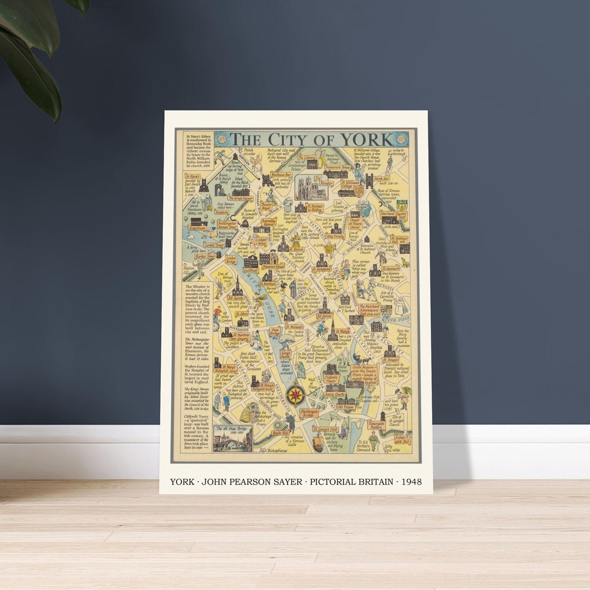 John Pearson Sayer York map print leaning against a deep blue wall
